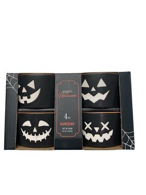 Happy Halloween Black Jack O Lantern Ramekins 5oz Set of 4 NWT